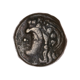Bronze coin, Pantikapaion; obv.: head of a beardless satyr in an ivy wreath facing left; rev.: lion