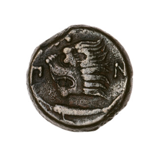 Bronze coin, Pantikapaion; obverse: head of a beardless satyr in an ivy wreath facing left;