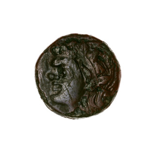 bronze coin, Pantikapaion; obverse: head of a beardless Satyr in an ivy wreath facing left;