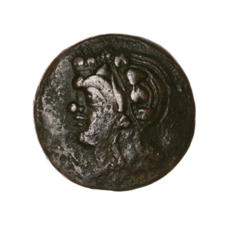 Bronze coin, Pantikapaion; obverse: head of a beardless satyr in an ivy wreath facing left;