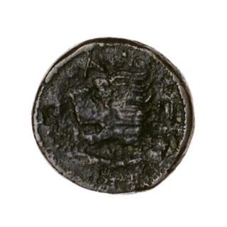 Bronze coin, Pantikapaion; obverse: head of a beardless Satyr in an ivy wreath facing left;