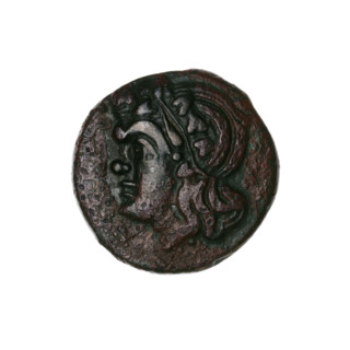 bronze coin, Pantikapaion; obv.: head of a beardless Satyr in an ivy wreath facing left; rev.: lion
