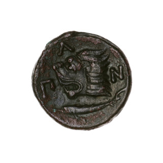 bronze coin, Pantikapaion; obv.: head of a beardless Satyr in an ivy wreath to the left; rev.: lion