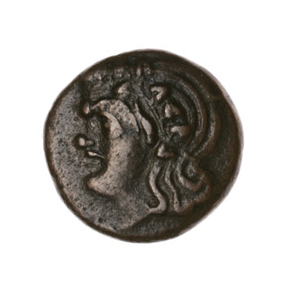 Bronze coin, Pantikapaion; obverse: head of a beardless Satyr in an ivy wreath facing left;