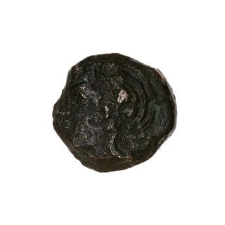 Bronze coin, Pantikapaion; obverse: head of a beardless Satyr in an ivy wreath facing left;