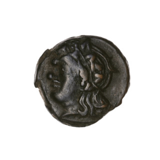 bronze coin, Pantikapaion, lion head (iconographic), Satyr's head (iconographic), Satyr