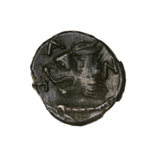bronze coin, Pantikapaion; obverse: head of a beardless Satyr in an ivy wreath facing left;