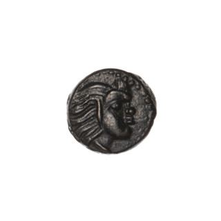 bronze coin, Pantikapaion, bow in quiver (iconographic), head of Satyr (iconographic), quivers