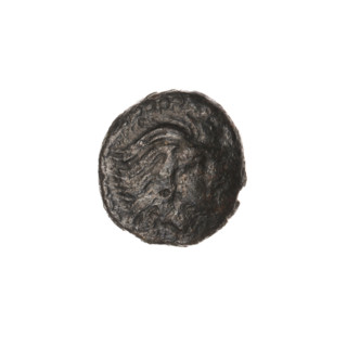 bronze coin, Pantikapaion; aw: head of beardless Satyr to the right, pearl rim; rw: bow in quiver