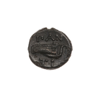 bronze coin, Pantikapaion, bow in quiver (iconographic), head of Satyr (iconographic), quivers