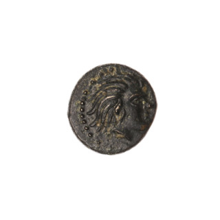 bronze coin, Pantikapaion; aw: head of beardless Satyr to the right, pearl rim; rw: bow in quiver