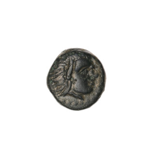 bronze coin, Pantikapaion, bow in quiver (iconographic), head of Satyr (iconographic), Satyr