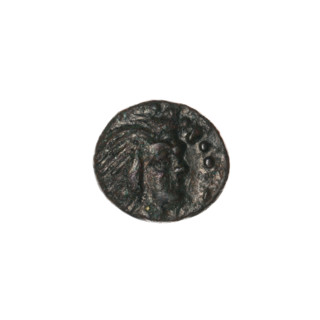 bronze coin, Pantikapaion; obverse: head of beardless Satyr to the right, pearl rim; reverse: bow