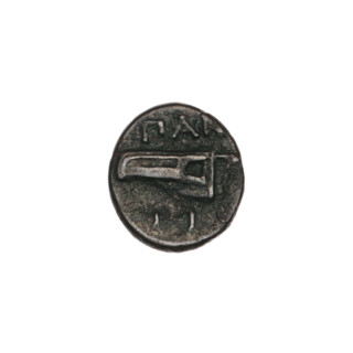 bronze coin, Pantikapaion, bow in quiver (iconographic), head of Satyr (iconographic), quivers