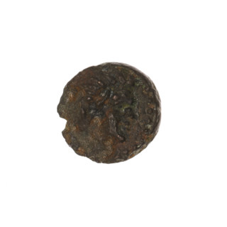bronze coin, Pantikapaion; aw: head of beardless Satyr to the right, pearl rim; rw: bow in quiver