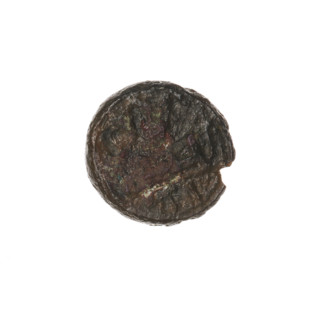 bronze coin, Pantikapaion; aw: head of beardless Satyr to the right, pearl rim; rw: bow in quiver