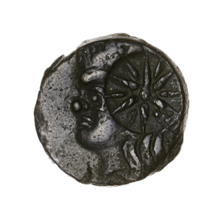 Bronze coin, Pantikapaion, beginning of the 3rd century BC, Cimmerian Bosporus. Obverse: head of a