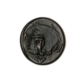 bronze coin, Pantikapaion; obverse: head of a beardless Satyr in an ivy wreath facing left, with a