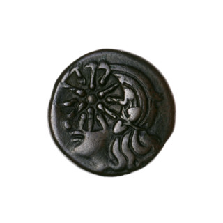 bronze coin, Pantikapaion; obverse: head of a beardless Satyr in an ivy wreath facing left with a