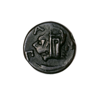bronze coin, Pantikapaion; obverse: head of a beardless Satyr in an ivy wreath facing left with a