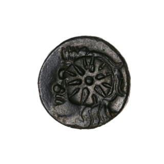 bronze coin, Pantikapaion; obverse: head of a beardless Satyr in an ivy wreath facing left, with a