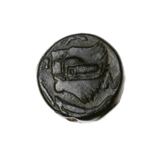 Bronze coin, Pantikapaion; obverse: head of a beardless Satyr in an ivy wreath facing left, with a