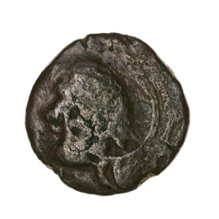 Bronze coin, Pantikapaion; obverse: head of a beardless Satyr in an ivy wreath facing left, with a