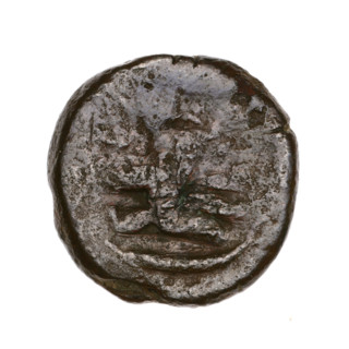 Bronze coin, Pantikapaion; obverse: head of a beardless Satyr in an ivy wreath facing left, with a