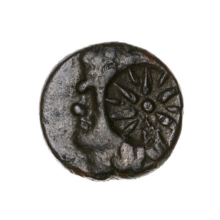Bronze coin, Pantikapaion; obverse: head of a beardless satyr in an ivy wreath facing left, with a