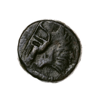 Bronze coin, Pantikapaion; obverse: head of a beardless Satyr in an ivy wreath facing left, with a
