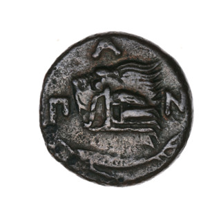 Bronze coin, Pantikapaion; obverse: head of a beardless Satyr in an ivy wreath facing left, with a