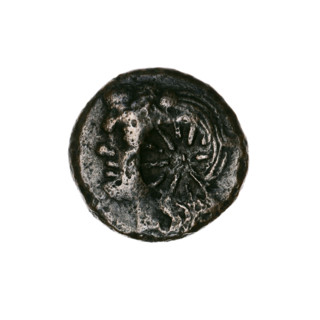 Bronze coin, Pantikapaion, beginning of 3rd century BC. Obverse: head of a beardless Satyr in an