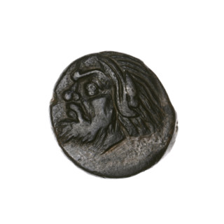 bronze coin, Pantikapaion; obverse: head of bearded Satyr to the left; reverse: bull's head to the