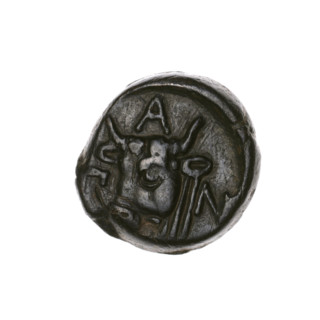 Bronze coin, Pantikapaion; obverse: head of bearded Satyr to the left; reverse: bull's head to the
