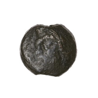 Bronze coin, Pantikapaion; obverse: bearded Satyr's head left; reverse: bull's head left; letters