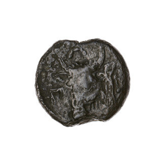 Bronze coin, Pantikapaion; obverse: head of a bearded Satyr to the left; reverse: bull's head to