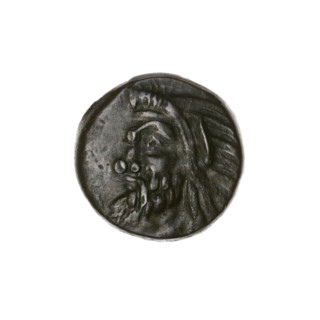 bronze coin, Pantikapaion; obverse: head of bearded Satyr to the left; reverse: bull's head to the