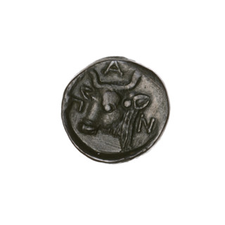 Bronze coin, Pantikapaion; obverse: head of a bearded Satyr facing left; reverse: bull's head