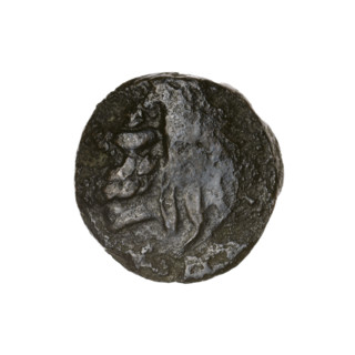Bronze coin, Pantikapaion; obverse: head of bearded Satyr facing left; reverse: bull's head facing