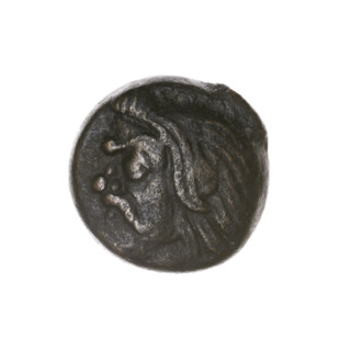 Bronze coin from Pantikapaion, beginning of the 3rd century BC. Obverse: head of bearded Satyr to