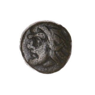 Bronze coin, Pantikapaion; obverse: head of a bearded Satyr to the left; reverse: bull's head to