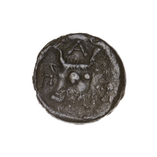 Bronze coin, Pantikapaion; obverse: head of a bearded Satyr to the left; reverse: bull's head to