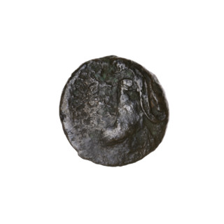 bronze coin, Pantikapaion; obverse: head of bearded Satyr left; reverse: head of bull left, letters