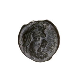 Bronze coin, Pantikapaion; obverse: head of bearded Satyr left (iconographic); concave impression