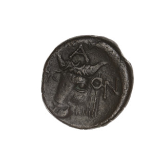 bronze coin, Pantikapaion; satyr's head (iconographic), bull's head (iconographic); head of a