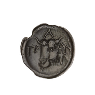 Bronze coin from Pantikapaion, 1st half of the 3rd century BC. Obverse: head of a bearded Satyr