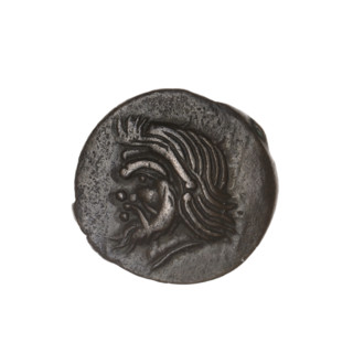 bronze coin, Pantikapaion; obverse: head of a bearded Satyr to the left; reverse: bull's head to