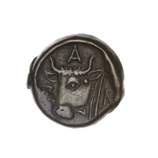 bronze coin, Pantikapaion; obverse: head of a bearded Satyr to the left; reverse: bull's head to
