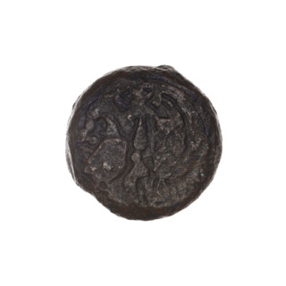 Bronze coin, Pantikapaion; obverse: head of beardless Satyr in an ivy wreath facing left; reverse: