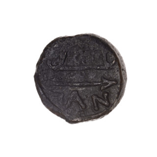 bronze coin, Pantikapaion; obverse: head of beardless Satyr in an ivy wreath facing left; reverse: